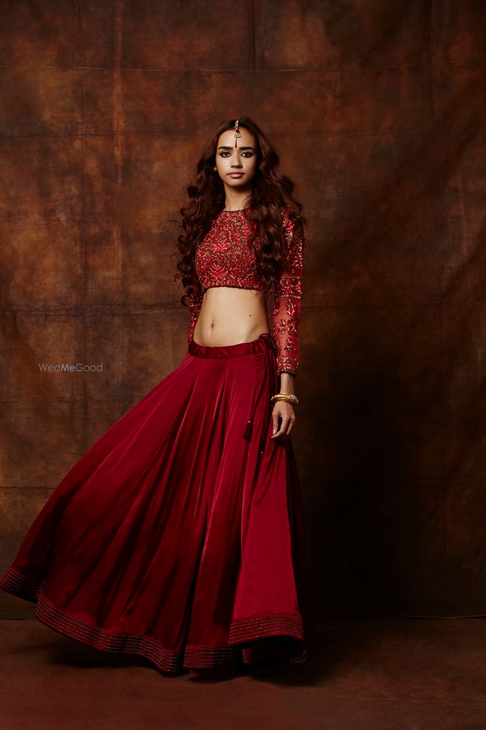 Photo of red lehenga. crop top lehenga. raw silk lehenga