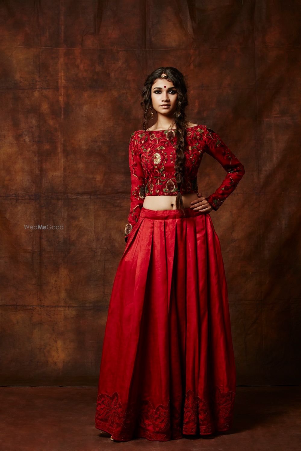 Photo of red lehenga. crop top lehenga. raw silk lehenga