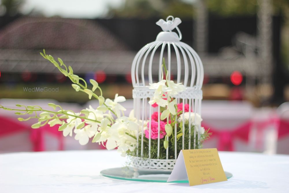 Photo of birdcage with floral arrangements