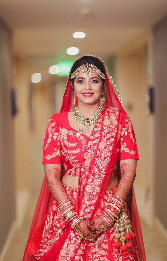 Photo of Floral embroidery lehenga in bright red