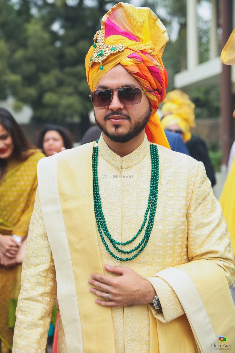Photo of Multicolour groom look with yellow sherwani