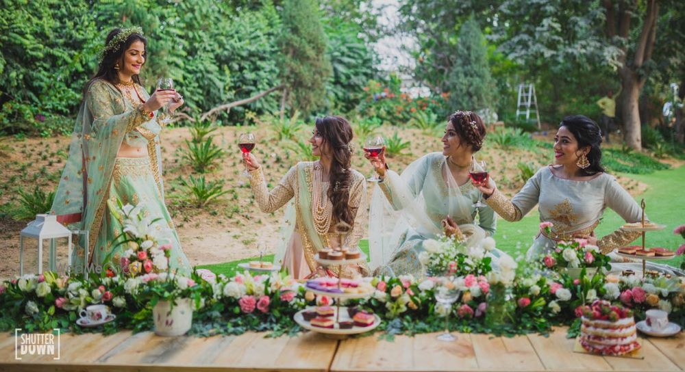 Photo of Engagement day brunch decor with bride and bridesmaids