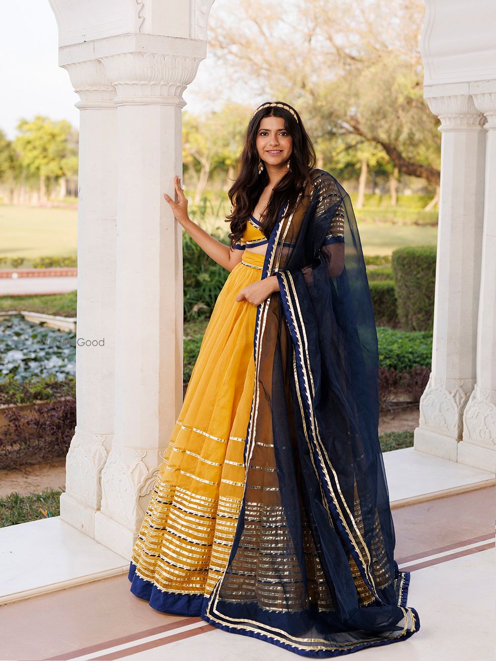 Photo From Sunset Gold Yellow and Navy Blue Lehenga Set - By Ragavi - Raj Ethnic Apparels