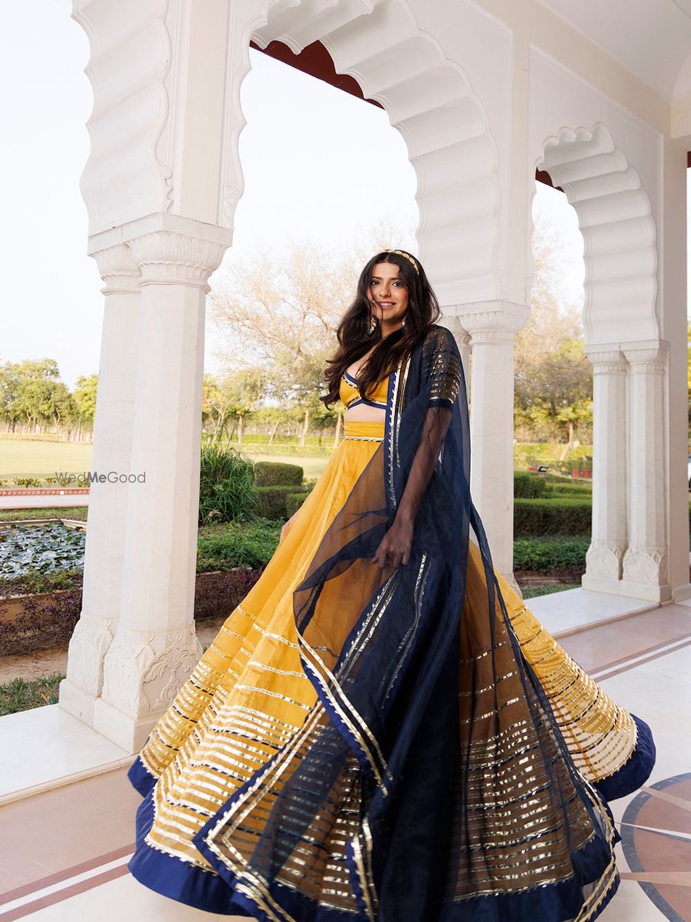 Photo From Sunset Gold Yellow and Navy Blue Lehenga Set - By Ragavi - Raj Ethnic Apparels