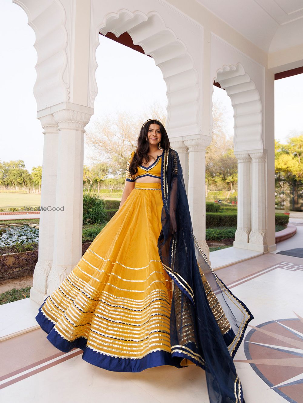 Photo From Sunset Gold Yellow and Navy Blue Lehenga Set - By Ragavi - Raj Ethnic Apparels