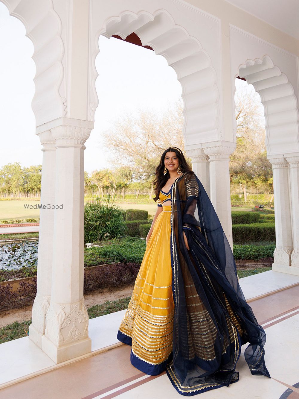 Photo From Sunset Gold Yellow and Navy Blue Lehenga Set - By Ragavi - Raj Ethnic Apparels