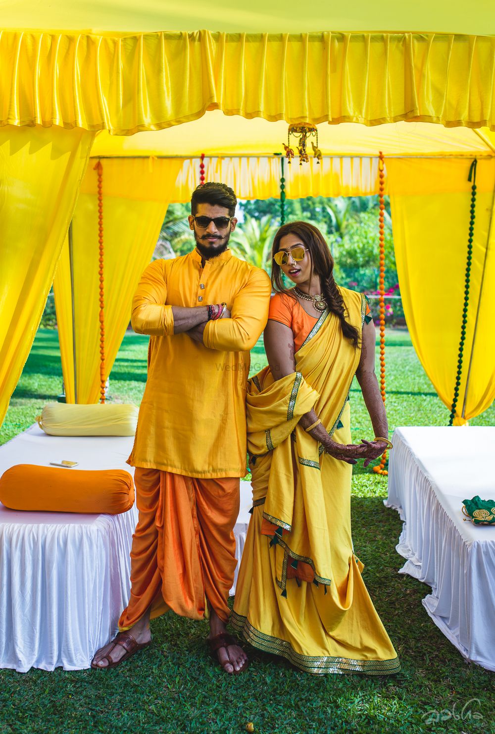 Photo of Fun matching outfits for bride and groom for haldi function