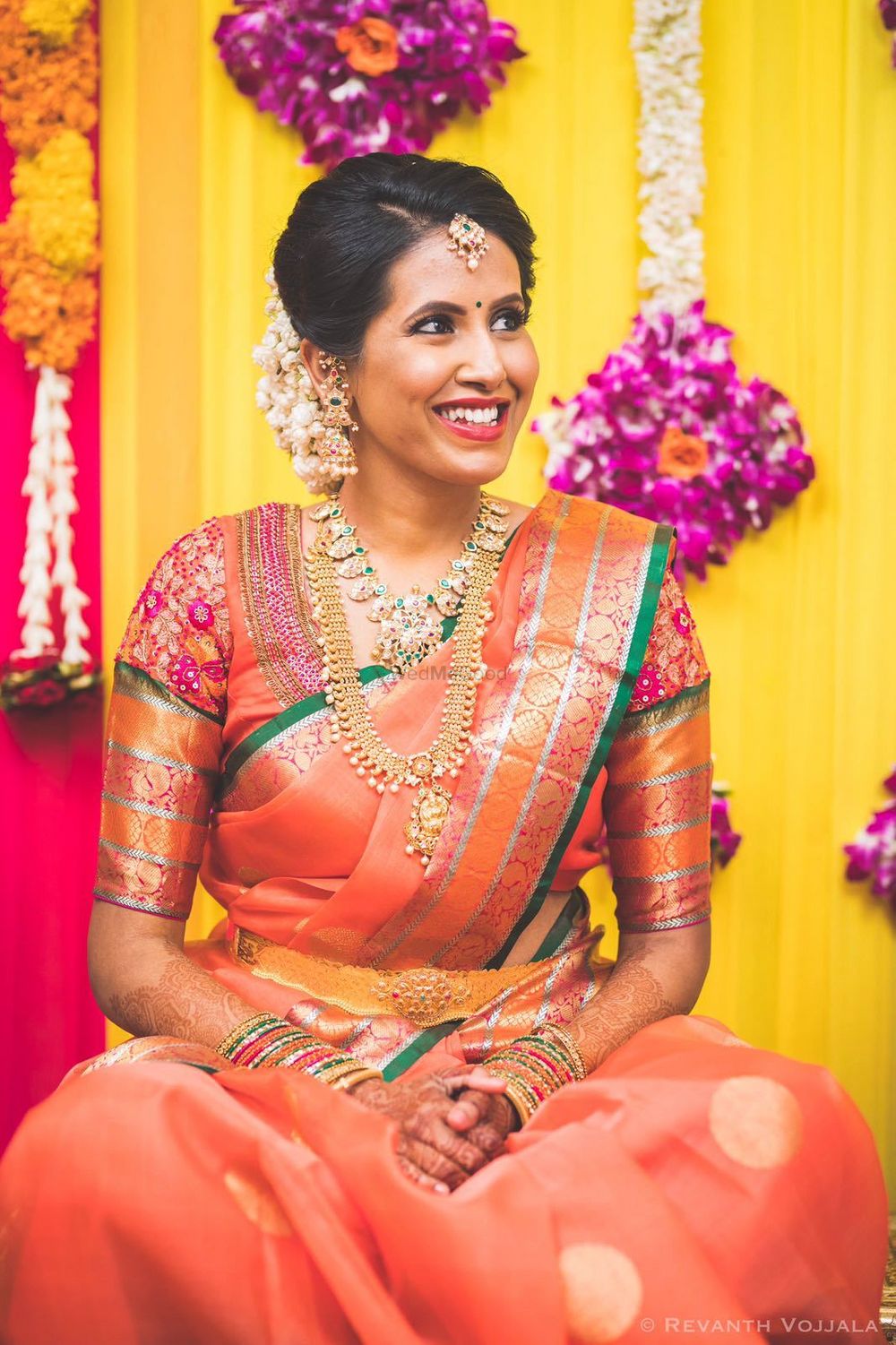 Photo of South Indian bride with patchwork blouse