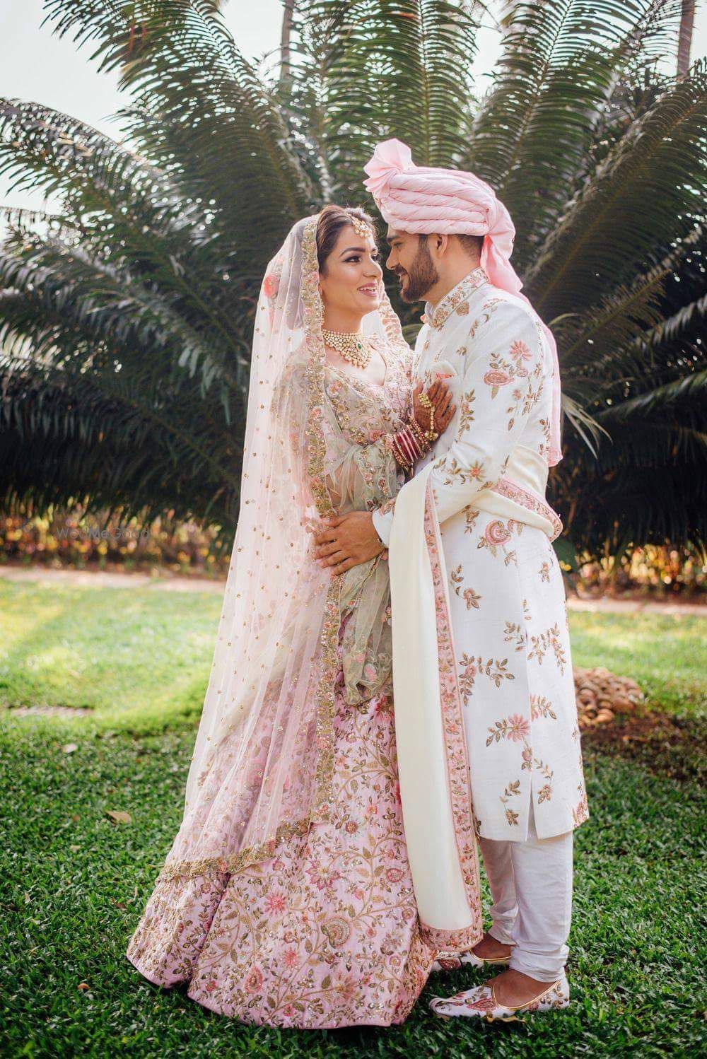 Photo of Pretty bride and groom portraits for wedding.