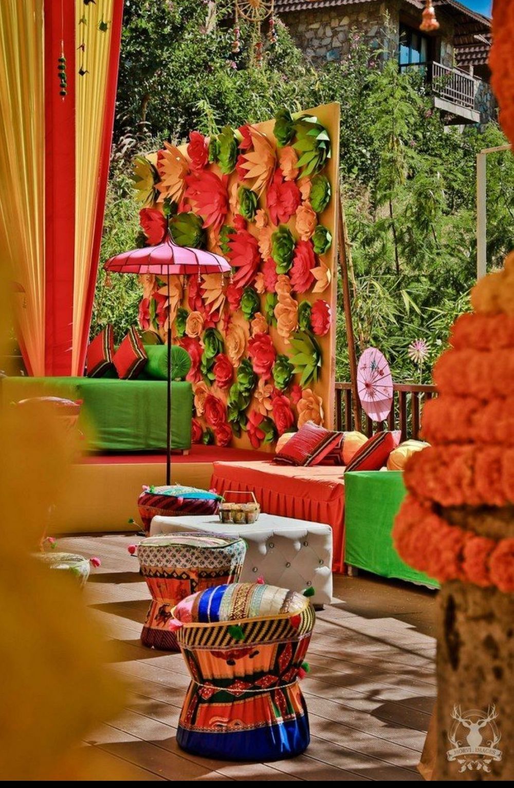 Photo of Mehendi decor with 3d floral wall