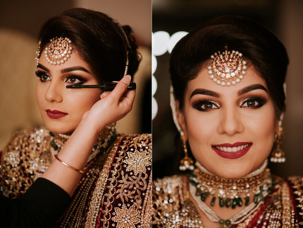 Photo of Bridal makeup with smokey eyes and red lips