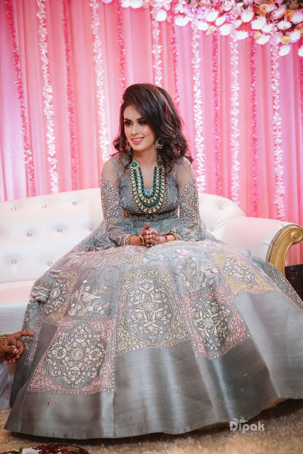 Photo of Sangeet or engagement bridal look in a silver grey gown
