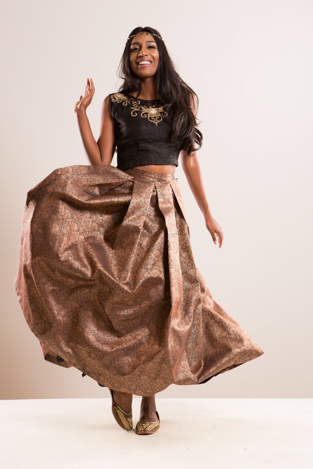 Photo of Black Crop Top with Gold Tanchoi Silk Skirt