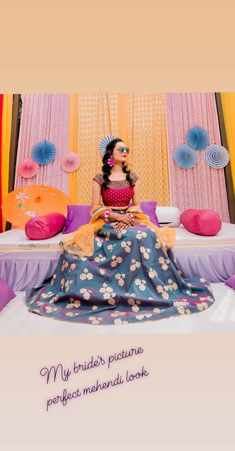 Photo of The bride in an offbeat mehndi lehenga