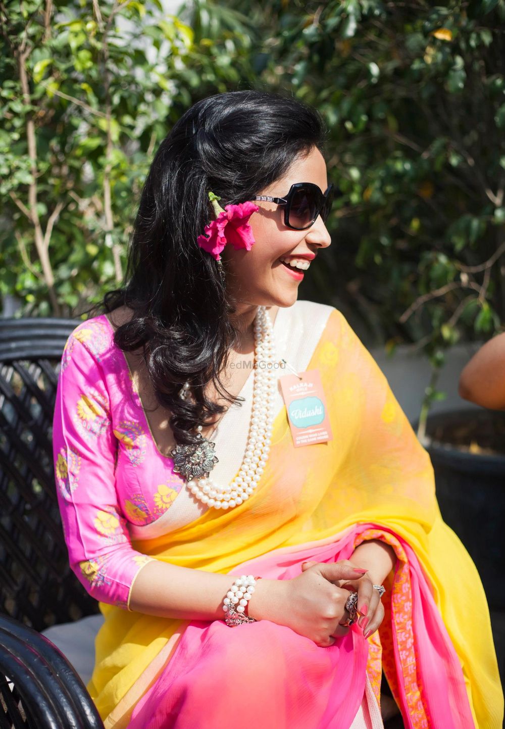 Photo of ombre saree mango yellow and pink with printed blouse and pearls