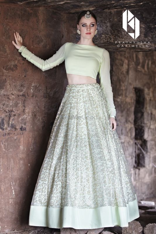 Photo of Pastel Green Crop Top with Sequins Lehenga