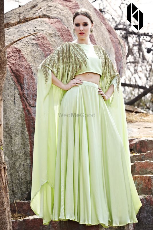 Photo of Pastel Green Leaf Motifs Cape Top with Skirt