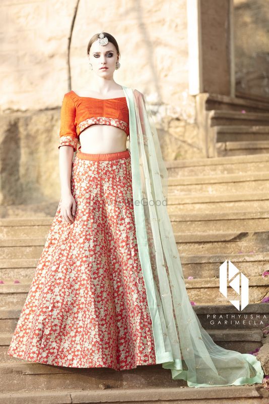 Photo of Orange and Silver Sequins Lehenga with Mint Dupatta