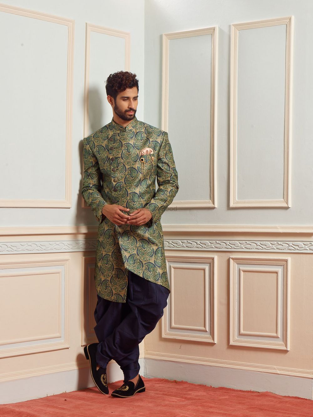 Photo of A complete engagement look in a stunning sherwani.