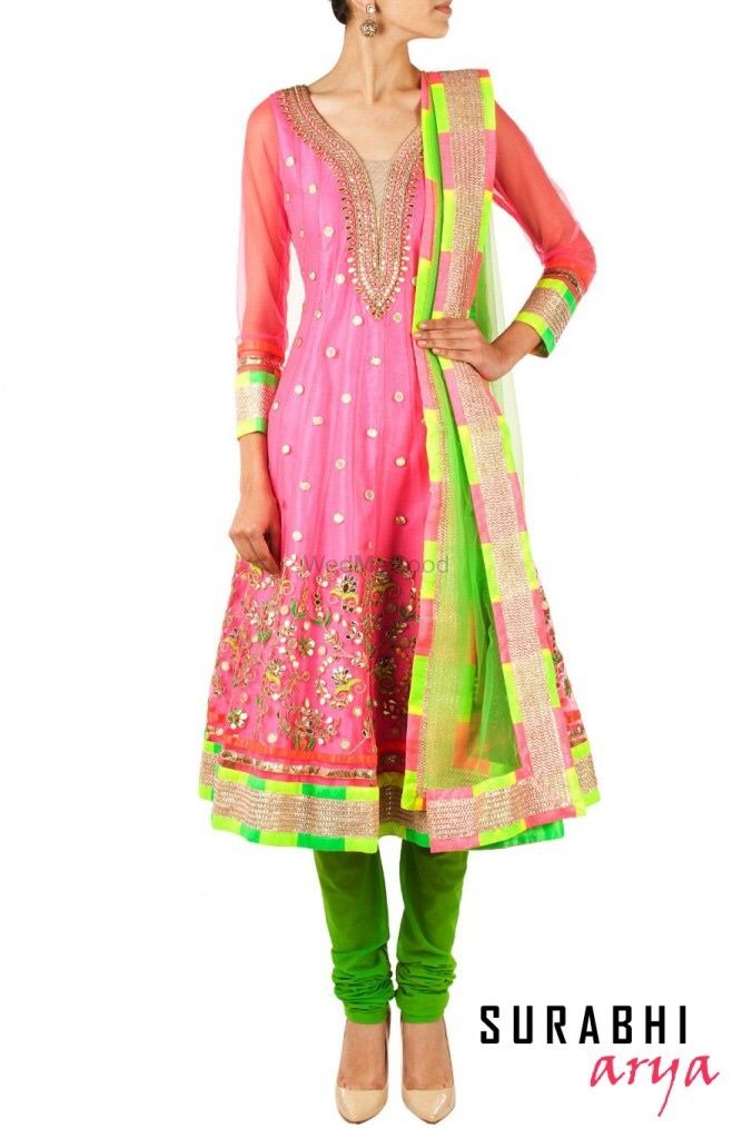 Photo of hot pink gota patti work anarkali with lime green detailng