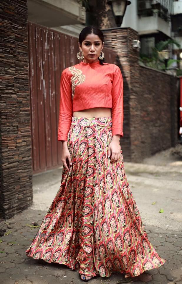 Photo of Coral Blouse and Coral Print Lehenga