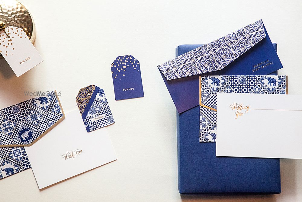 Photo of Blue and White Abstract Print Invitation Cards