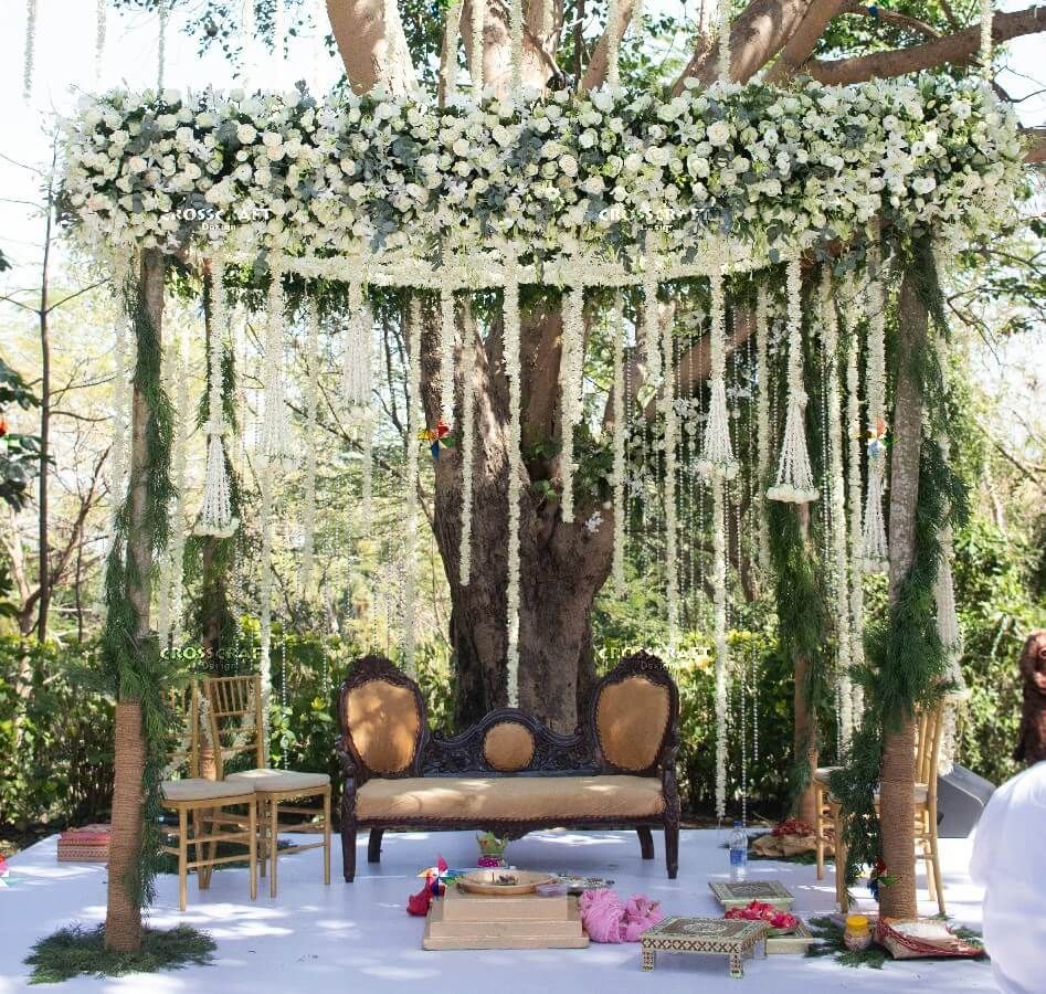 Photo of An open mandap with white floral strings