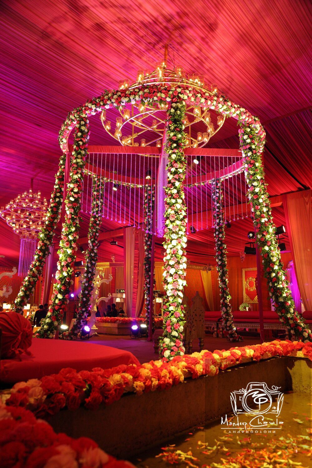 Photo of Red Themed Mandap with Floral Decor