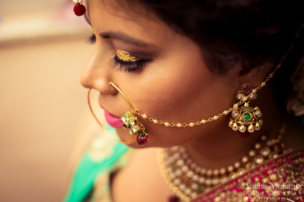 Photo of Gold Nose Ring with Peark Drops and Meenakari