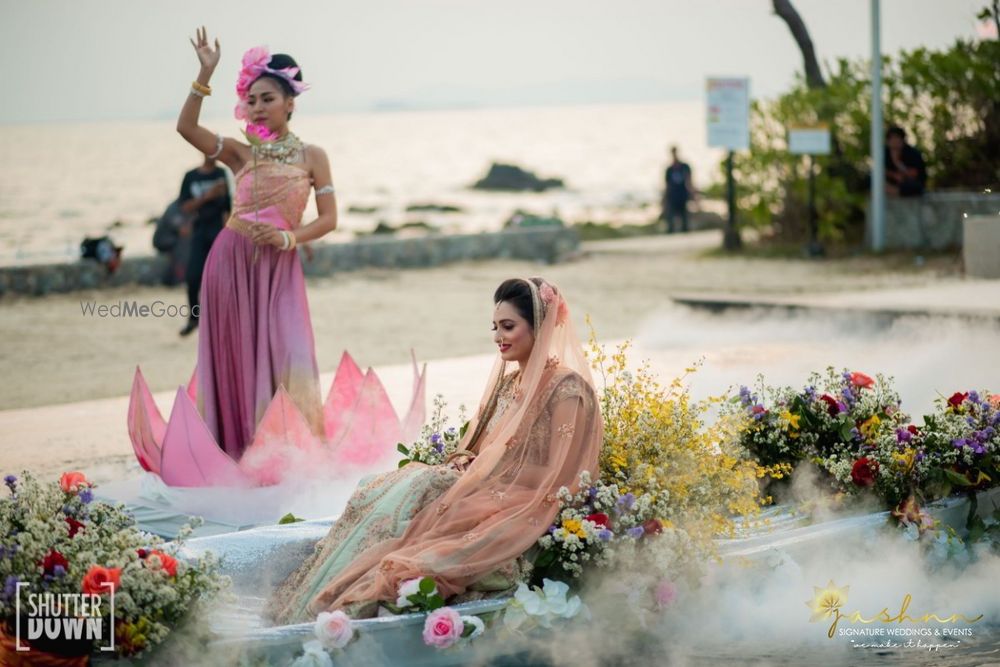 Photo of bridal entry for destination wedding on a boat