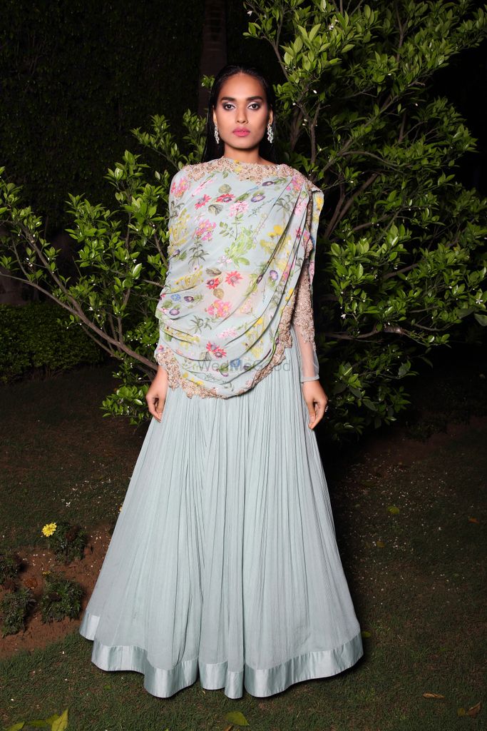 Photo of Floral print drape over anarkali by Ridhi Mehra