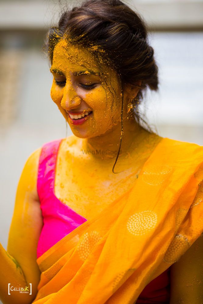 Photo of Happy and a beautiful bride on her Haldi ceremony.