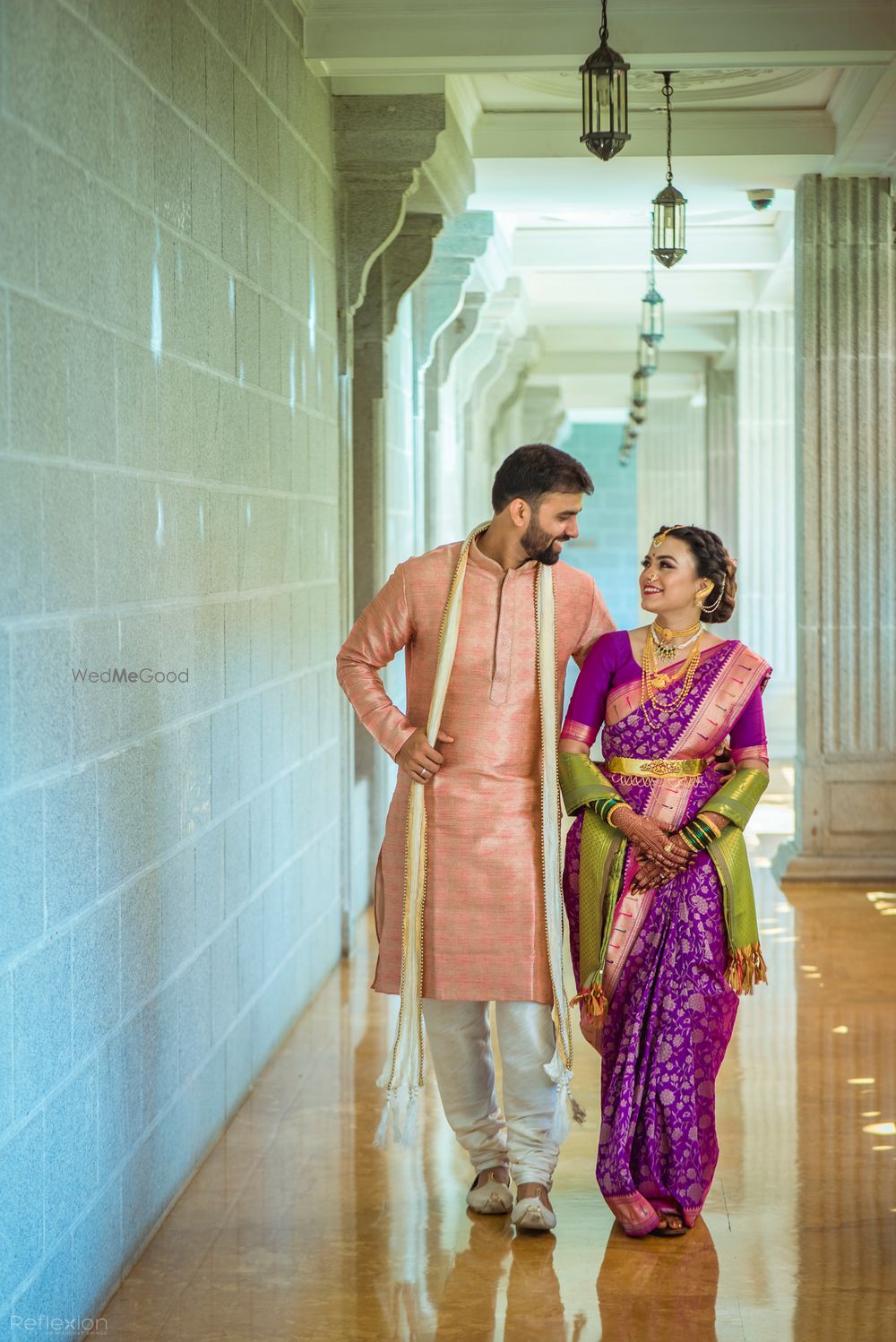 photo-of-a-color-coordinated-marathi-couple-on-their-wedding-day