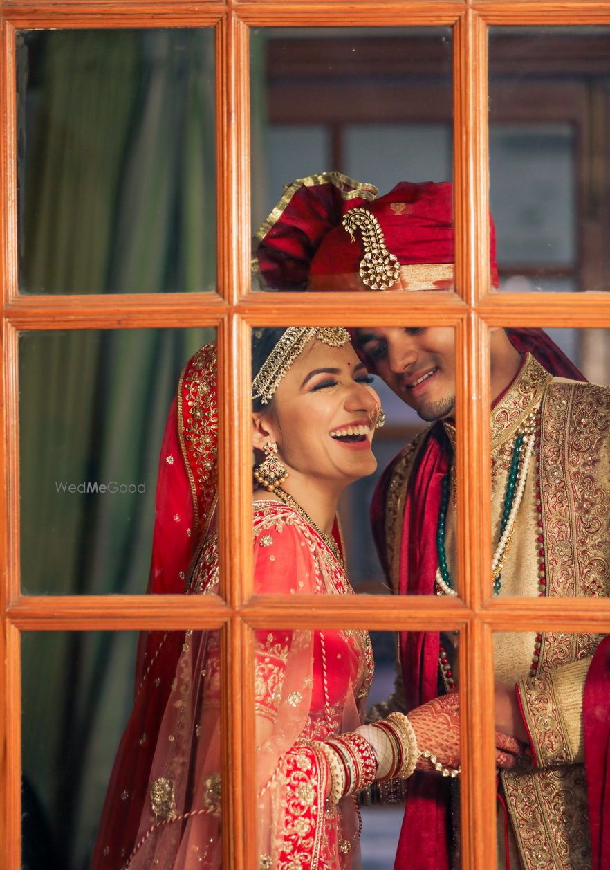 Photo of cute and happy couple portrait with happy bride