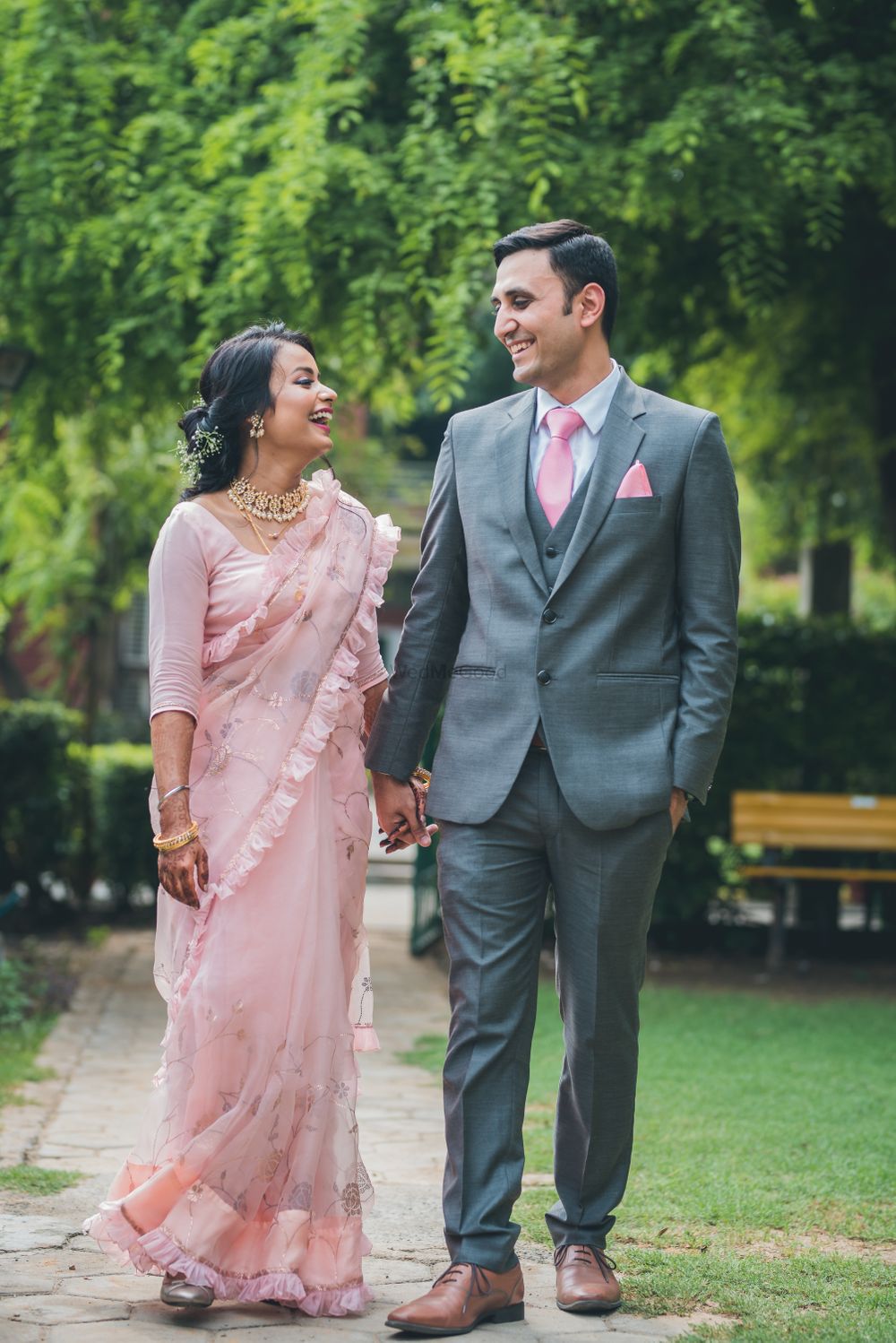 Photo of light pink engagement saree with ruffles