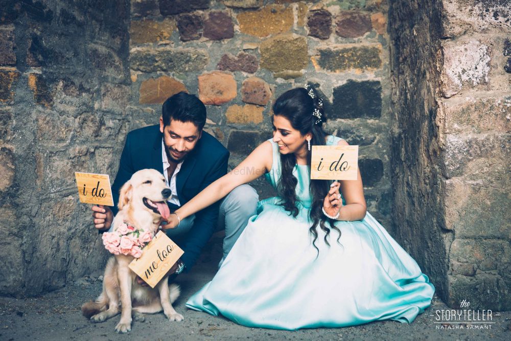 Photo of pre wedding shoot with pet and board props