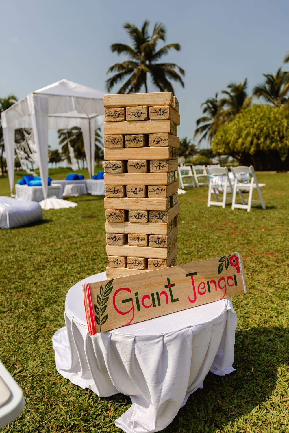 Photo of customised giant jenga for destination wedding