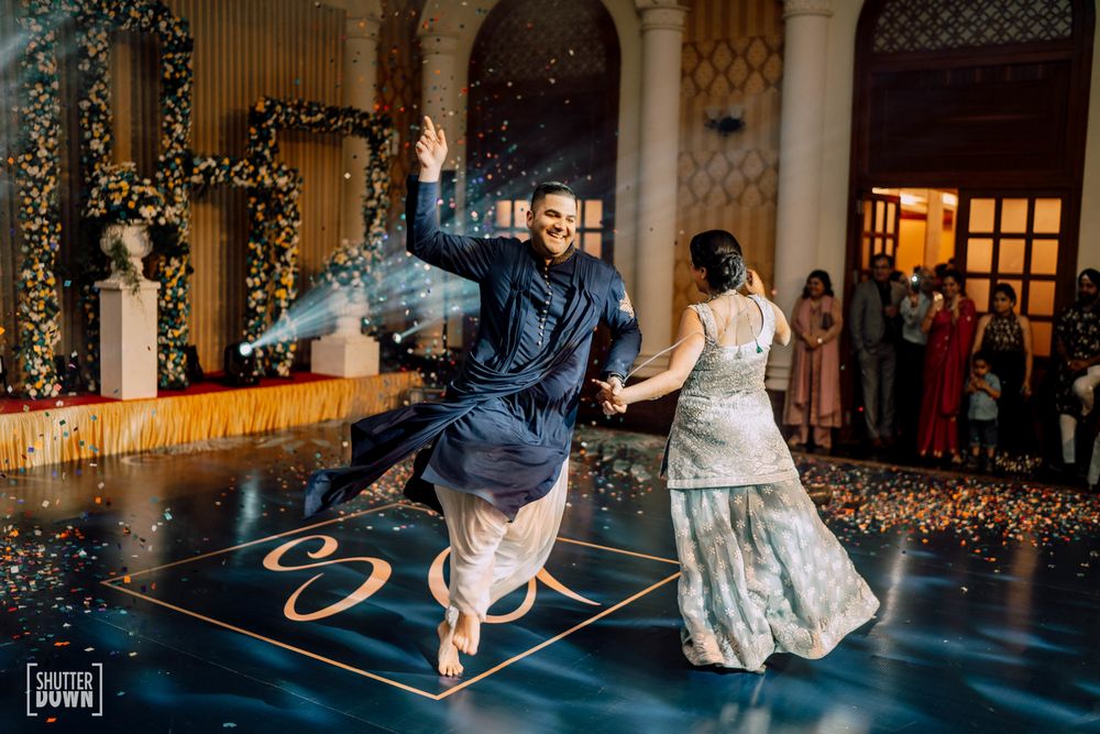 Photo of dancing couple shot on printed personalised dance floor