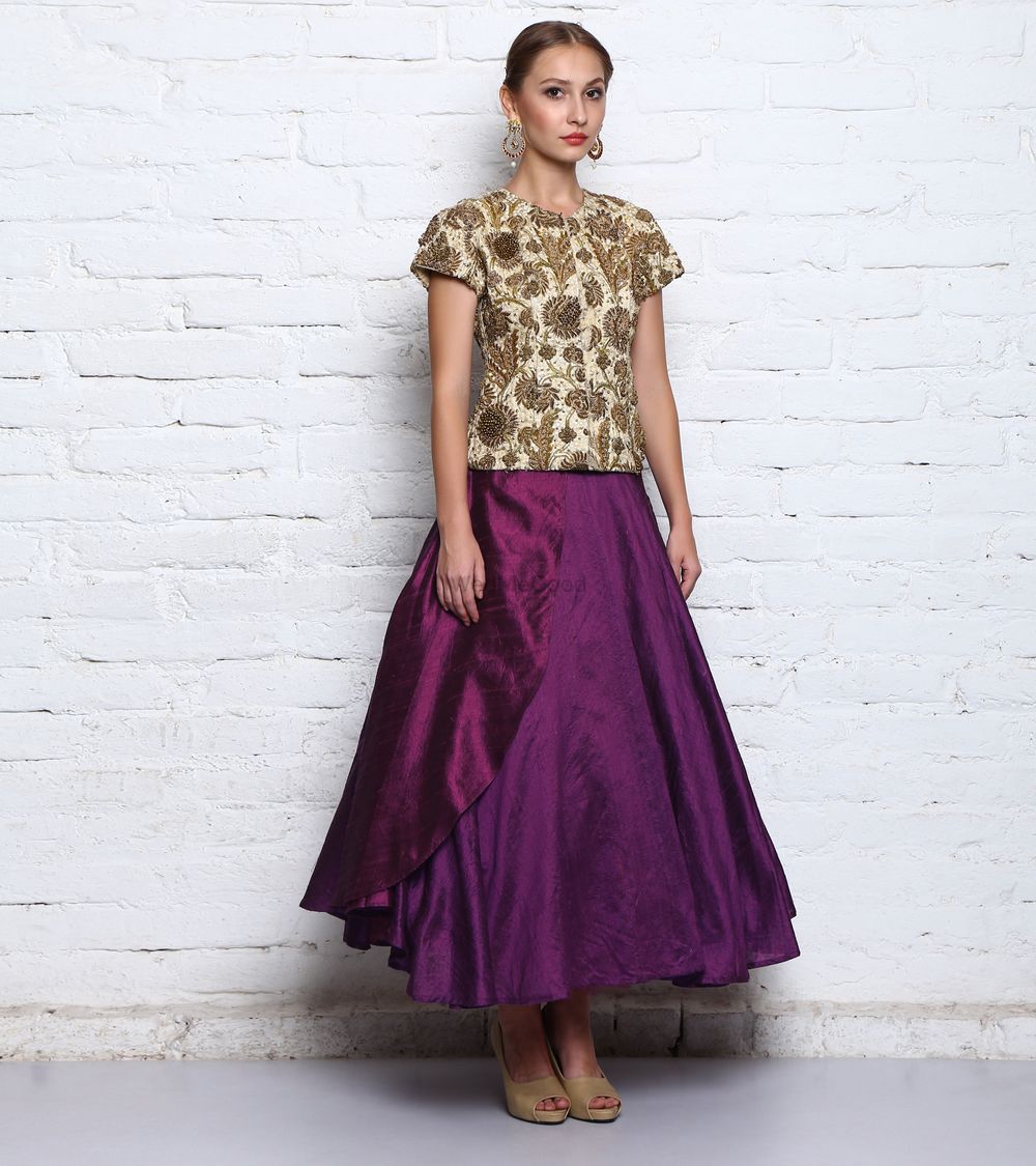 Photo of Cream Blouse with Zardosi work and Purple Skirt
