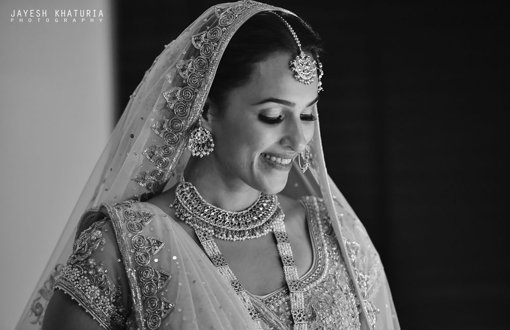 Photo of black and white wedding day bridal shot