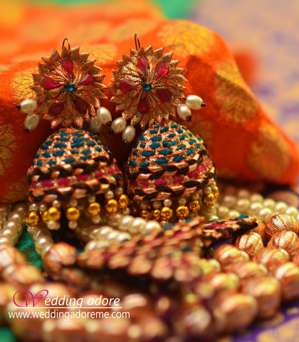 Photo of Teal and Red Gota Earrings with Pearls