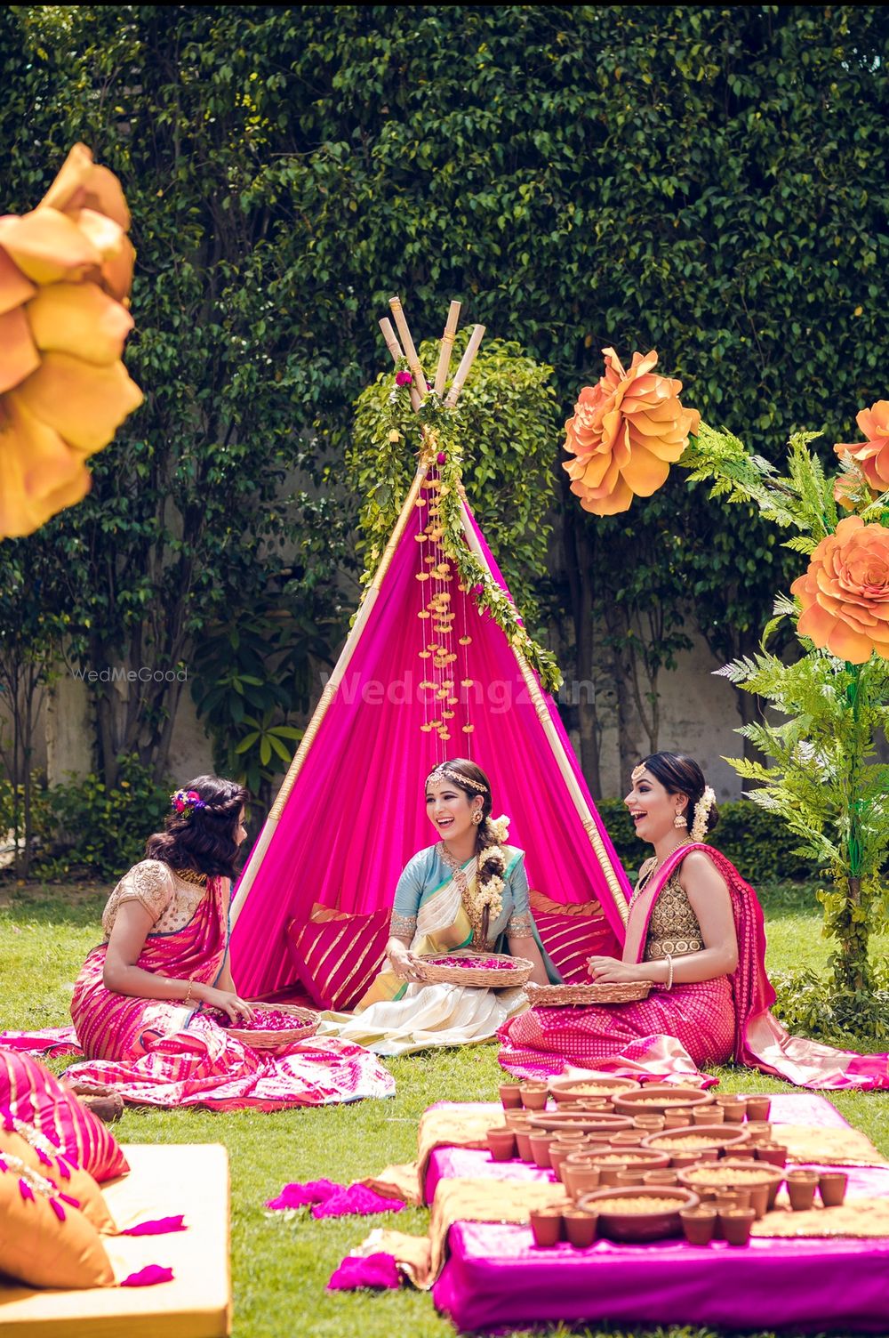 Photo of Bride having a fun time with her bridesmaids.