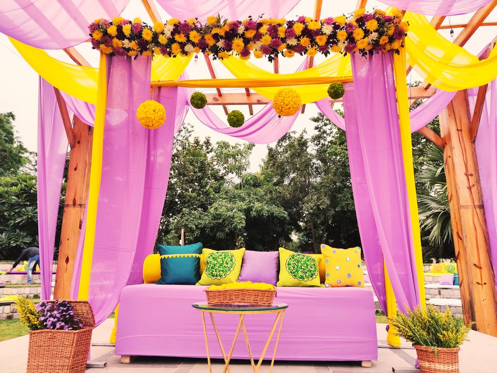 Photo of lavender and yellow theme decor idea for a haldi or mehendi
