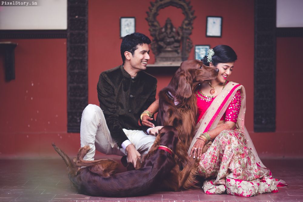 Photo of cute couple shot with dogs