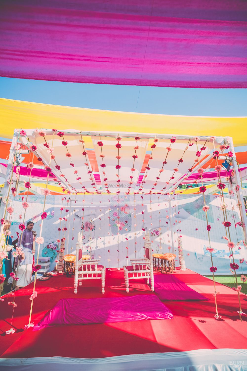 Photo of White Mandap Decor with Floral Strings