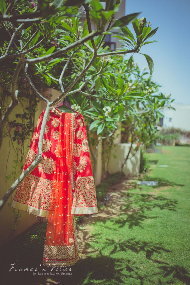 Photo of Red and Golf Motifs Bridal Lehenga on a Hanger