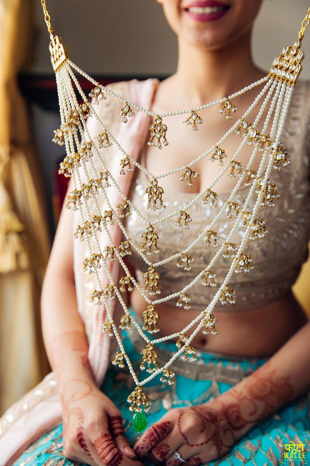 Photo of White and Gold Satlada with Pearls and Polki Work