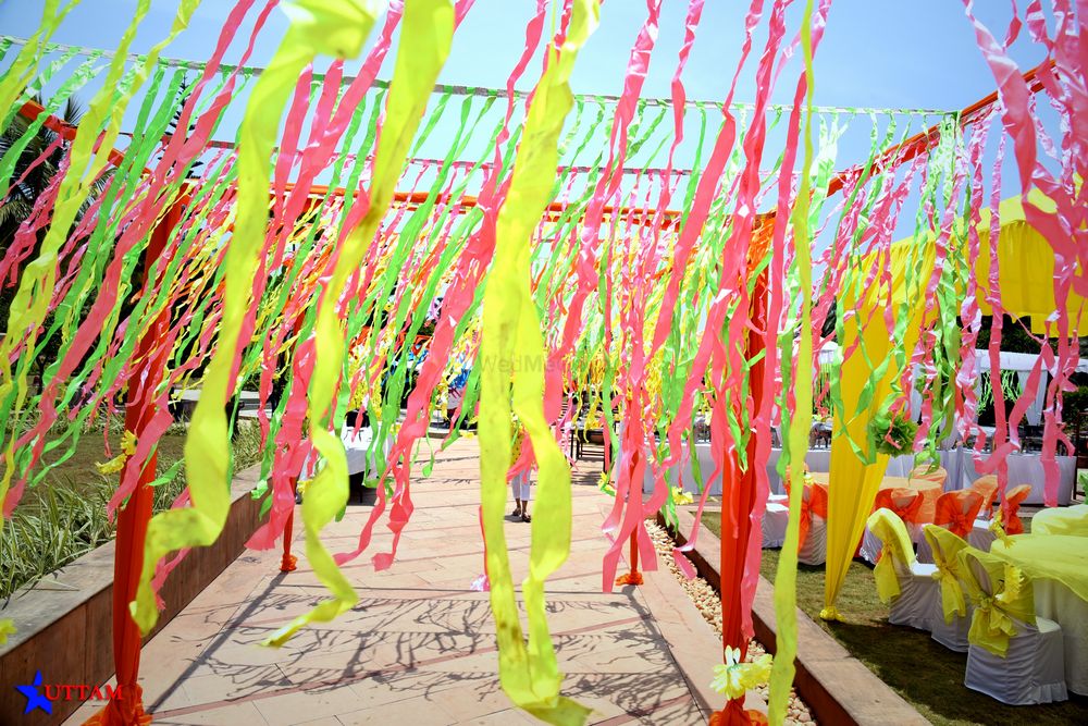 Photo of neon green strings of ribbon at entrance