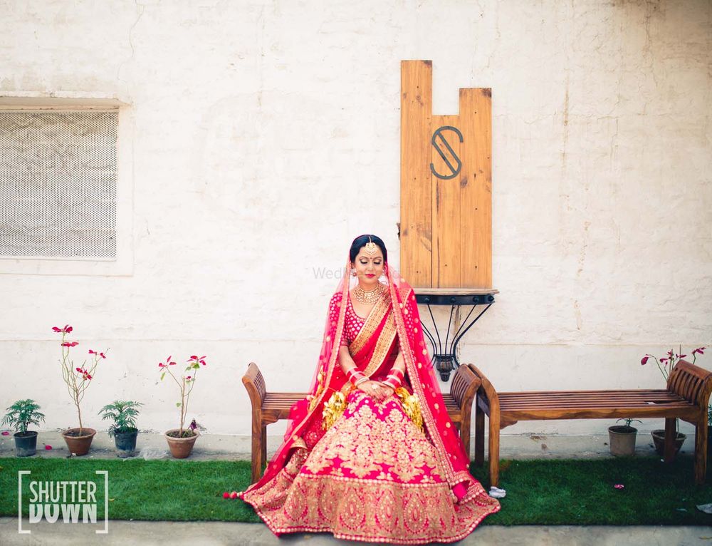 Photo of Bride Portrait in Hot Pink and Gold Lehenga