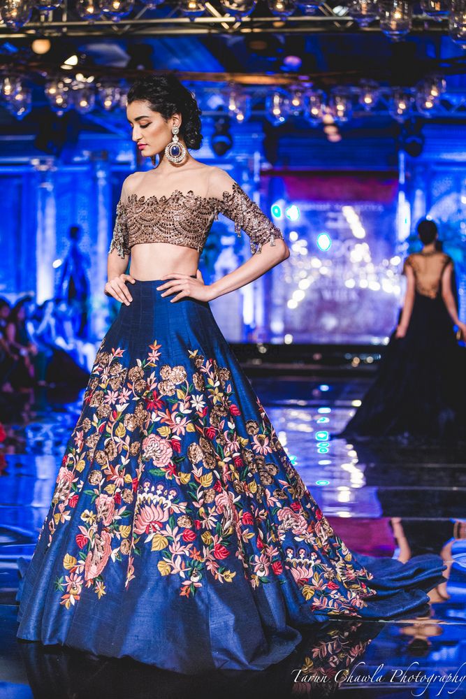 Photo of Blue Lehenga with Floral Embroidery and Thread work